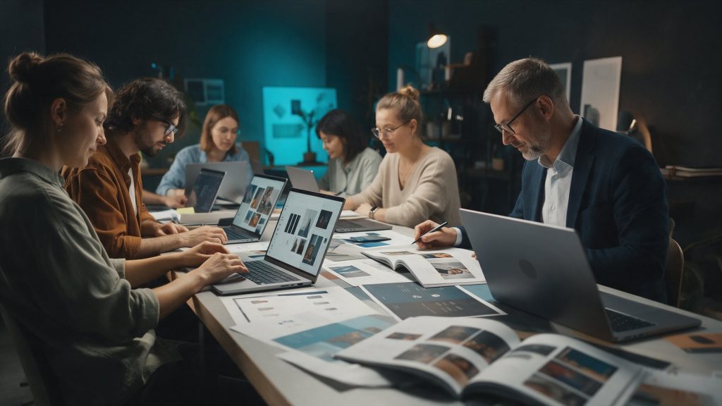 צוות סטודיו עיצוב עובד לצד מנהלת שיווק סביב שולחן עם קטלוגים ומחשבים